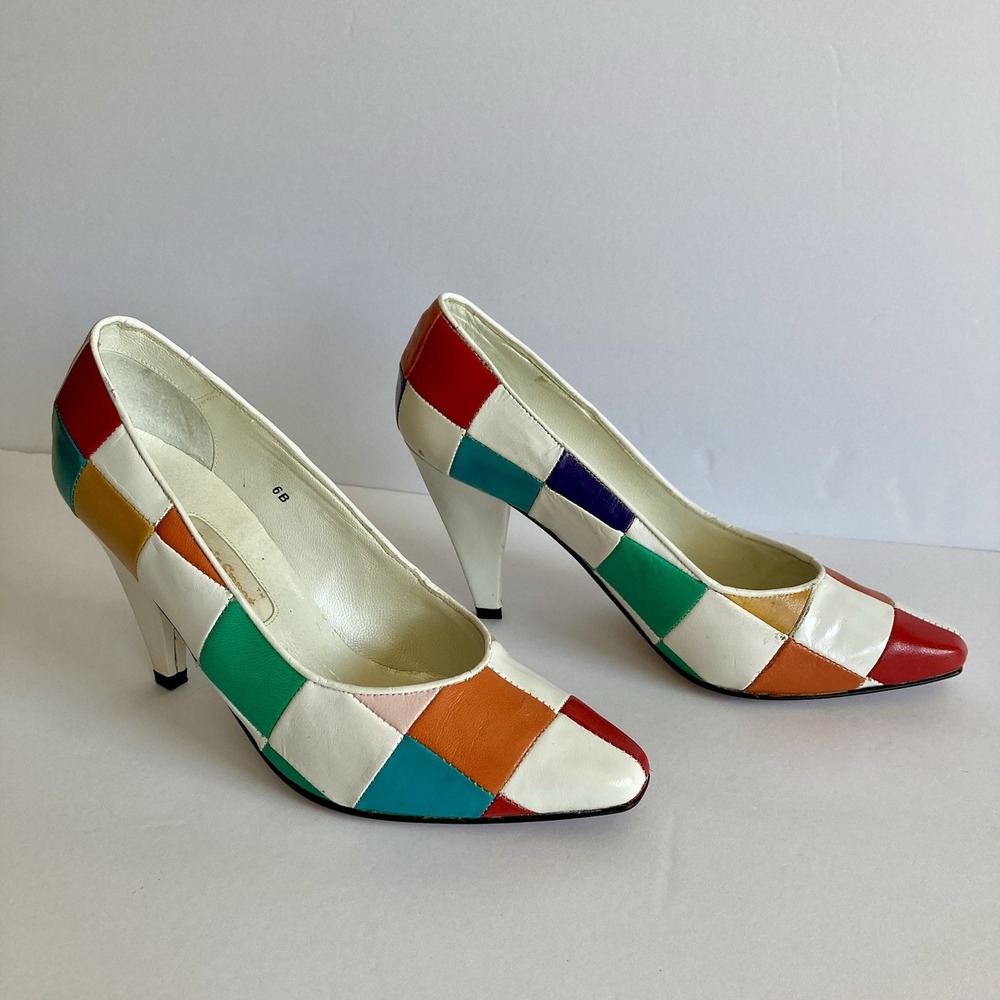Vtg Jack Sprat Rainbow Harlequin Mod Patchwork Pumps Leather Size 6B Colorblock - Picture 9 of 16